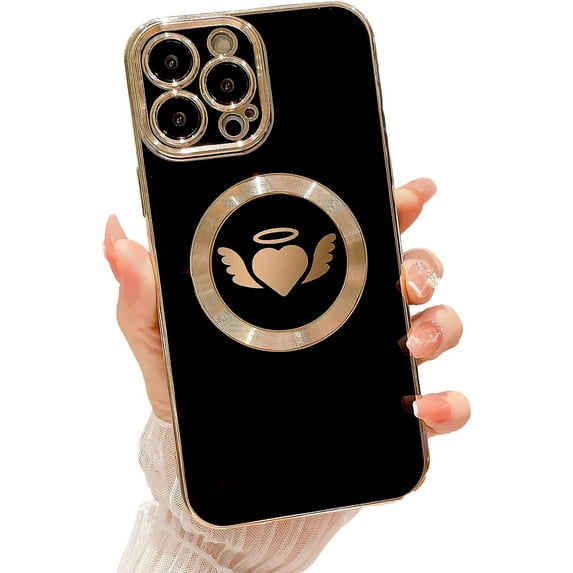 Compatible with iPhone 12 Pro Max Magnetic Case 6.7 Inch,with Wings, Heart,Angel Pattern Luxury Plating Phone Case for Women Girls with Camera Lens Protector Back Cover-Black