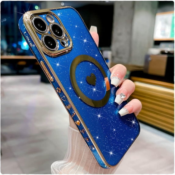 Compatible with iPhone 12 Pro Max Magnetic Case,Glitter Case with Love Heart, Luxury Plating Cute Bling, Compatible with MagSafe,Clear Slim Shockproof Phone Cover for Women Girls.(Blue)