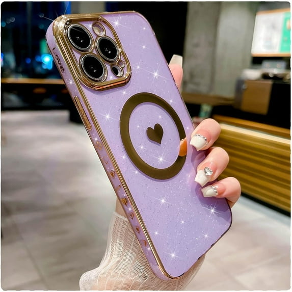 Compatible with iPhone 12 Pro Max Magnetic Case, Glitter Case with Love Heart, Luxury Plating Cute Bling, Compatible with MagSafe, Clear Slim Shockproof Cover for Women Girls-Light Purple