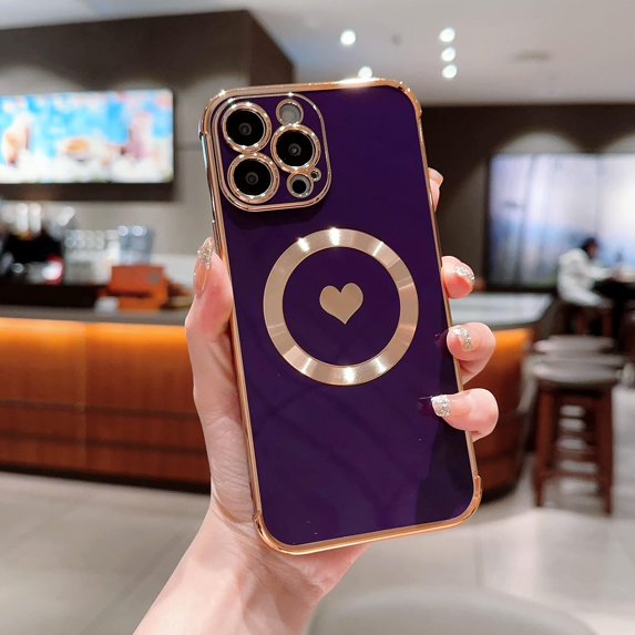 Compatible with iPhone 12 Pro Max Magnetic Case for Women Girls,Light Luxury Cute Love Heart MagSafe Plating Electroplated Bling Case Raised Full Camera Lens Protection Phone Case-Deep Purple
