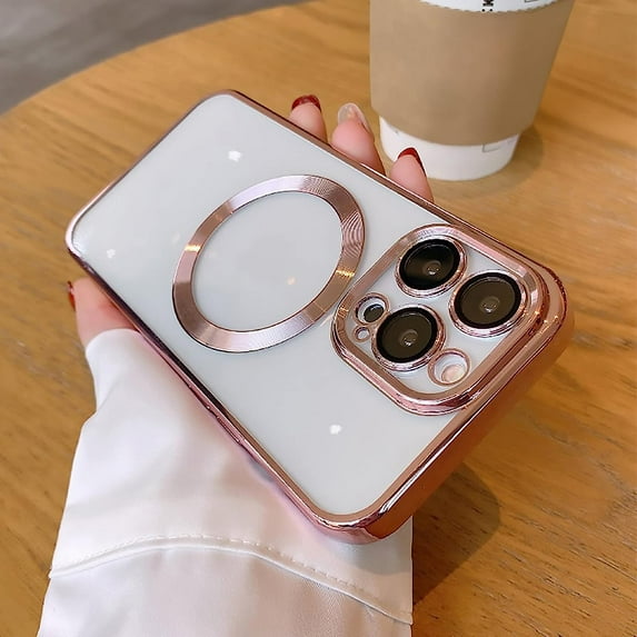 Compatible with iPhone 12 Pro Max Magnetic Clear Case,Luxury Plating Bling Transparent Shockproof MagSafe Case with Full Camera Lens Protector for iPhone 12 Pro Max Women Girl Men-Pink