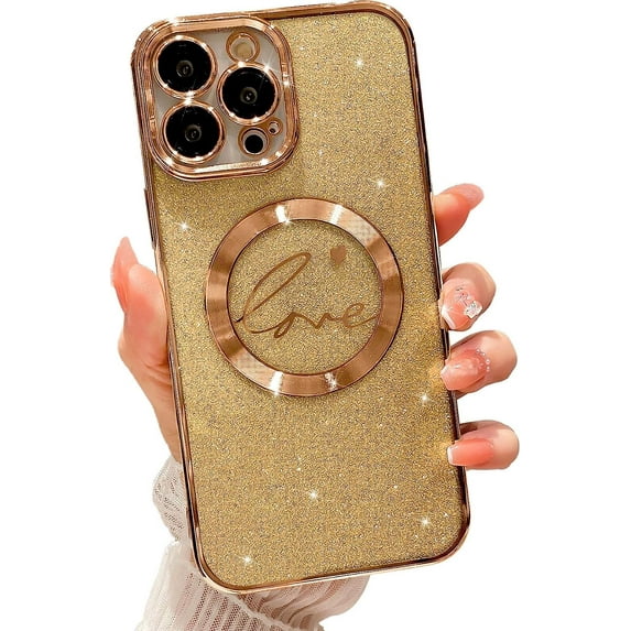 Compatible with iPhone 12 Pro Max Magnetic Glitter Case-6.7 Inch, Luxury Love Heart Pattern Plating Bling Clear Case, Compatible with MagSafe for Women Girls Shockproof Back Cover-Gold