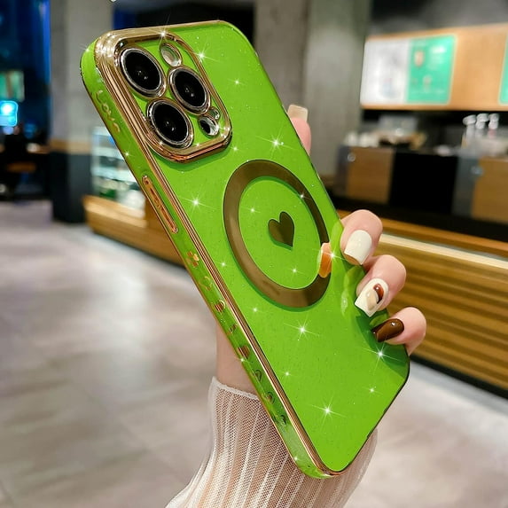 Compatible with iPhone 12 Pro Max Magnetic Glitter Case-6.7 Inch, Luxury Love Heart Pattern Plating Case, Compatible with MagSafe for Women Girls Shockproof Back Cover-Light Green