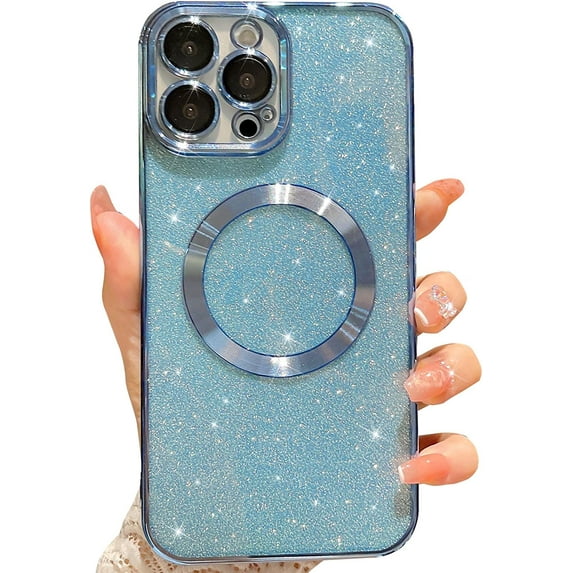 Compatible with iPhone 12 Pro Max Magnetic Glitter Case, Luxury Plating Cute Bling Clear Phone Case, Compatible with MagSafe for Women Girls with Camera Protector Back Cover - Light Blue
