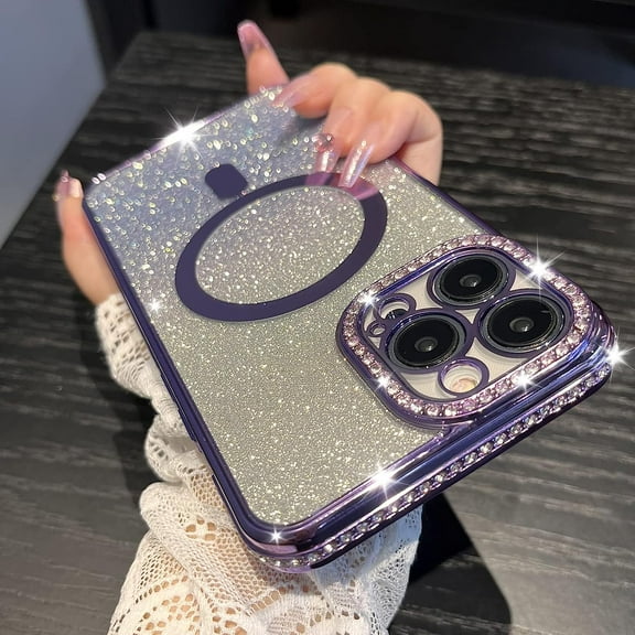 Compatible with iPhone 12 Pro Max Magnetic Gradient Glitter Case Luxury Plating Rhinestone Bling Soft TPU Clear Sparkle Case with MagSafe and Camera Lens Protection for Women Girls-Purple