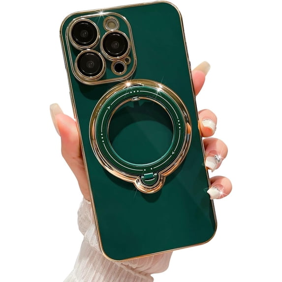 Compatible with iPhone 12 Pro Max Magnetic Planting Case 6.7 Inch, Luxury 360 Rotating Magnetic Hidden Stand Case, Compatible with MagSafe for Women Girls,Green