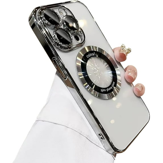 Compatible with iPhone 12 Pro Max Magnetic Transparent Case,Luxury Plating Bling Clear Shockproof MagSafe Case with Full Camera Len Protector for iPhone 12 Pro Max Women Girl Men-Elegant Silver