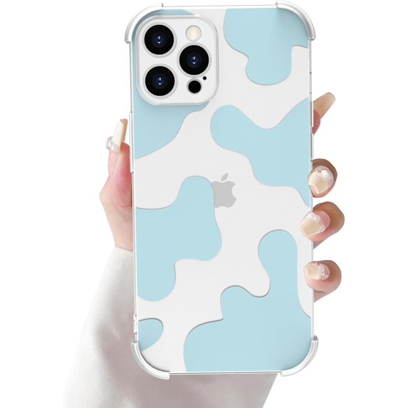 Compatible with iPhone 12 Pro Max Phone Case for Women, Transparent Shell Four Corner Protection Edge with Cute Cow Print Design, Lens Edge Raised Protection for iPhone 12 Pro Max 6.7"-Blue