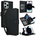 thumbnail image 1 of Compatible with iPhone 12 Pro Max Wallet Case, [6 Card Slots] PU Leather ID Credit Holder Folio Flip [RFID Blocking] Kickstand Double Magnetic Clasp Phone Cover & Wrist Strap,Black, 1 of 13