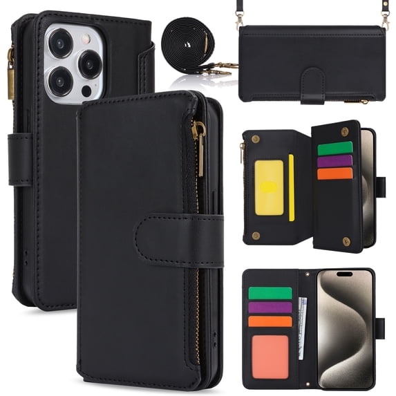 Compatible With iPhone 12 Pro Max Wallet Case with Card Holder Kickstand Double Magnetic Clasp Zipper Pocket Lanyard Strap Wristlet, Leather Flip Case Women Men Wallet Cover,Black