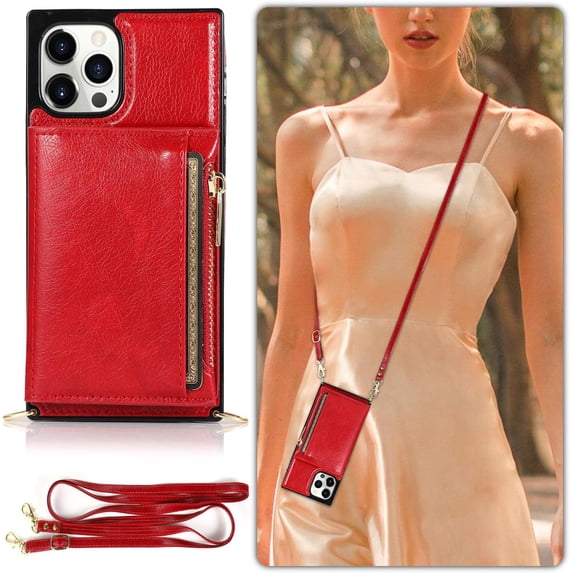 Compatible with iPhone 12 Pro Max Wallet Case with Crossbody Neck Strap Lanyard Purse Handbag Shoulder Strap Cover with PU Leather Credit ID Card Holder Kickstand Stand Protection Case 6.7" Red