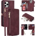 thumbnail image 1 of Compatible with iPhone 12 Pro Max Wallet Case,Detachable 2 in 1 Magnetic [9 Card Slots] Removable Wrist Strap Zipper Wallet Shockproof Kickstand Multi-Function PU Leather Case,6.7 Inch Burgundy, 1 of 16