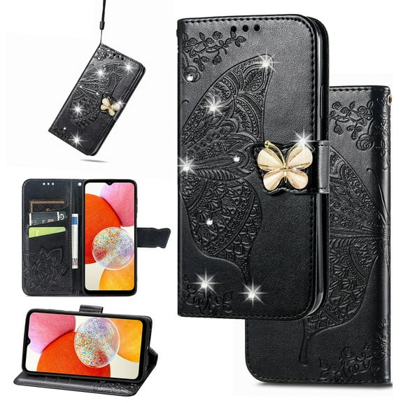 Compatible with iPhone 12 Pro Max Wallet Case, [Kickstand Feature][Wrist Strap][Card Slots][3D Bling Rhinestone Emboss Butterfly] Leather Magnetic Flip Case for Apple iPhone 12 Pro Max, Black