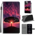 thumbnail image 1 of Compatible with iPhone 12 Pro Max Wallet Case for Men Women, Premium PU Leather Flip Cover with Card Holder, Wrist Strap, Kickstand Shockproof Magnetic Clasp Phone Case, Black Tree + Sunset, 1 of 8