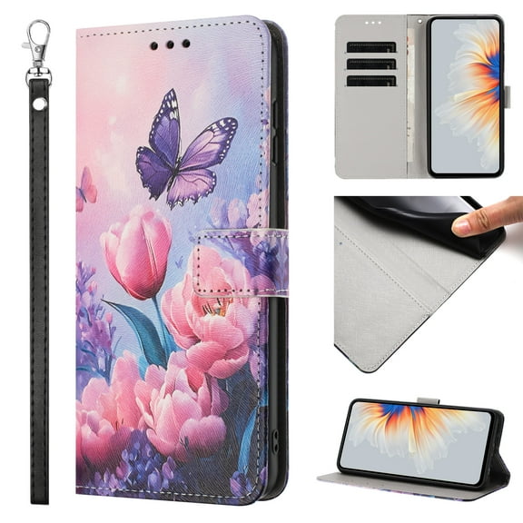 Compatible with iPhone 12 Pro Max Wallet Case for Women Girls, Garden Flower Pattern Design PU Leather Flip Cover with Card Holder Kickstand Wrist Strap Protective Phone Case, Pink Flower Butterfly