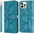 thumbnail image 1 of Compatible with iPhone 12 Pro Max Wallet Case Women Leather Flip with Wrist Strap Kickstand Magnetic Shockproof with Card Holder Protective Case for iPhone 12 Pro Max Life Tree Blue, 1 of 14