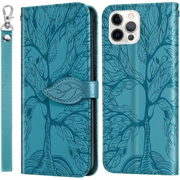 Compatible with iPhone 12 Pro Max Wallet Case Women Leather Flip with Wrist Strap Kickstand Magnetic Shockproof with Card Holder Protective Case for iPhone 12 Pro Max Life Tree Blue