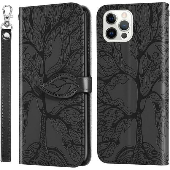 Compatible with iPhone 12 Pro Max Wallet Case Women Leather Flip with Wrist Strap Kickstand Magnetic Shockproof with Card Holder Protective Case for iPhone 12 Pro Max Life Tree Black