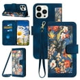 thumbnail image 1 of Compatible with iPhone 12 Pro Max Wallet Case for Women, Shoulder Strap + Wristband Premium PU Leather Floral Flip Cover with Card Holder Kickstand Feature Protective Purse Case, Darkblue, 1 of 9