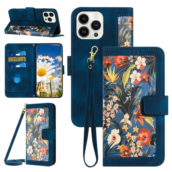 Compatible with iPhone 12 Pro Max Wallet Case for Women, Shoulder Strap + Wristband Premium PU Leather Floral Flip Cover with Card Holder Kickstand Feature Protective Purse Case, Darkblue