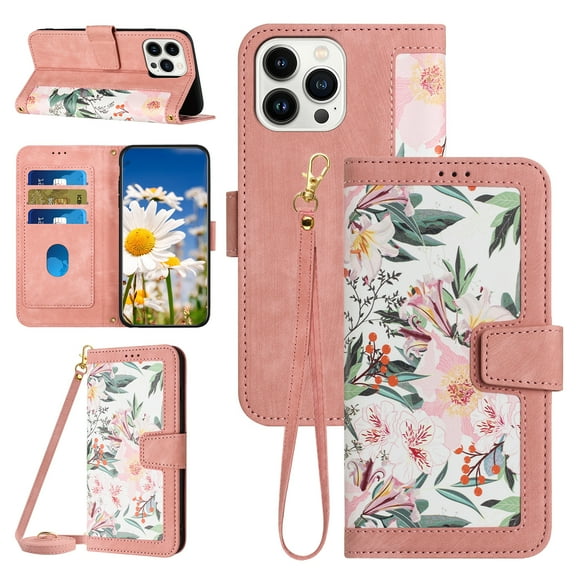 Compatible with iPhone 12 Pro Max Wallet Case for Women, Shoulder Strap + Wristband Premium PU Leather Floral Flip Cover with Card Holder Kickstand Feature Protective Purse Case, Pink