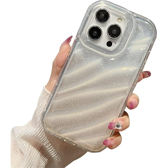 Compatible with iPhone 12 Pro Max for Women/Girls, Cute Glitter Bling Water Ripple Clear Anti-Scratch Shockproof Soft Curly Wave Phone Case for iPhone 12 Pro Max,White