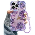 thumbnail image 1 of Compatible with iPhone 12 Pro Max,with Bracelet Chain, Colorful Retro Oil Painting Printed Flower Laser Glossy Pattern Cute Curly Wave Phone Case Soft TPU Cover for Girly Women - Purple, 1 of 13