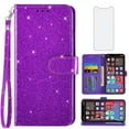 thumbnail image 1 of Compatible with iPhone 12 Pro iPhone12 6.1 Wallet Phone Case and Tempered Glass Screen Protector Flip Credit Card Holder Stand Bling Glitter Cell Cover for iPhone12pro 5G i 12s 12pro Women Purple, 1 of 8
