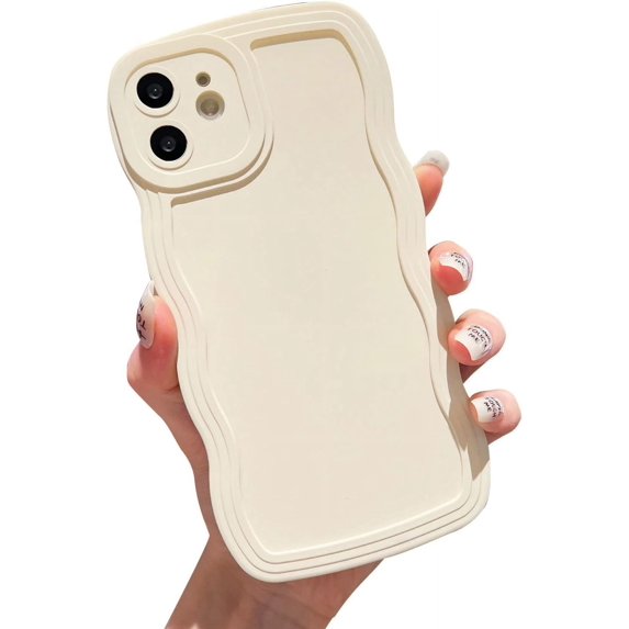 Compatible with iPhone 12 Solid Beige Color Case, Cute Aesthetic Curly Wave Frame Design, Slim Soft Full Camera Protection Phone Cover for Women Girls