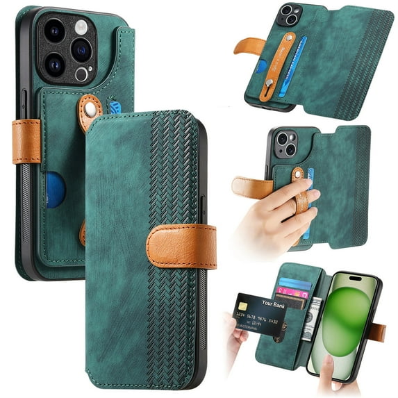 Compatible with iPhone 12 Wallet Case with RFID Blocking Card Holder Fashion PU Leather Contractible Wrist Kickstand Shockproof Anti-fall Flip Phone Case Cover For iPhone 12,Green