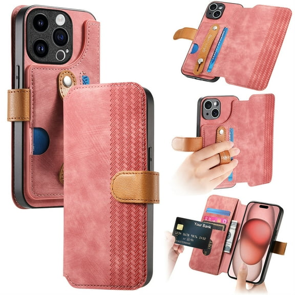 Compatible with iPhone 12 Wallet Case with RFID Blocking Card Holder,With Wrist Strap, PU Leather Flip Case with Kickstand and Magnetic Closure, Shockproof Interior Protective Cover,Pink