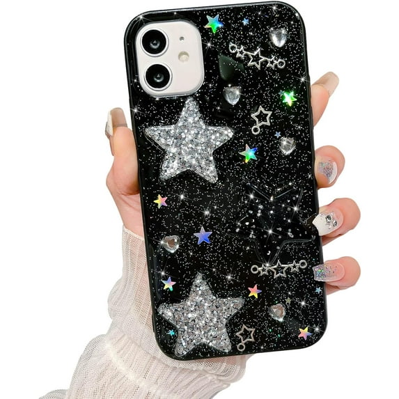 Compatible for iPhone 12 case, Bling Stars 3D Hearts Diamond Twinkle Star Glitter, Aesthetic Design for iPhone 12 Phone case, Soft Shockproof Protect Cases for Girls Women, Black