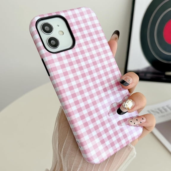 Compatible with iPhone 12 & iPhone 12 Pro Case, Cute Aesthetic Checkerboard Checkered Phone Case, Dual-Layer Shockproof Protective Cover for Girls Women-Pink