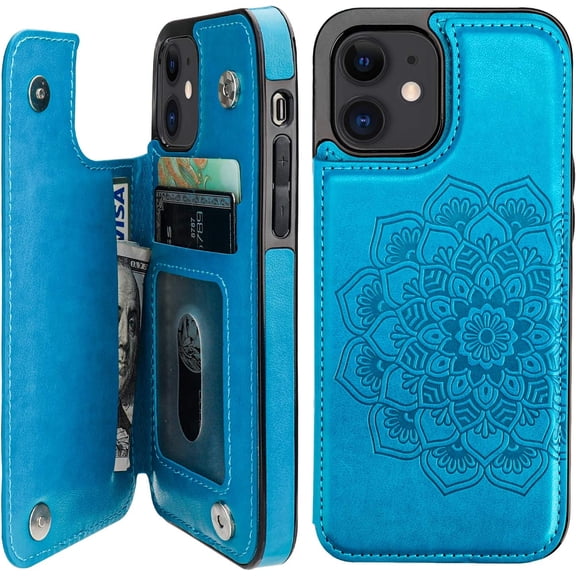 Compatible with iPhone 12 and iPhone 12 Pro Case Wallet with Card Holder,Embossed Mandala Pattern Flower PU Leather Double Magnetic Buttons Flip Shockproof Protective Cover 6.1 Inch(Blue)
