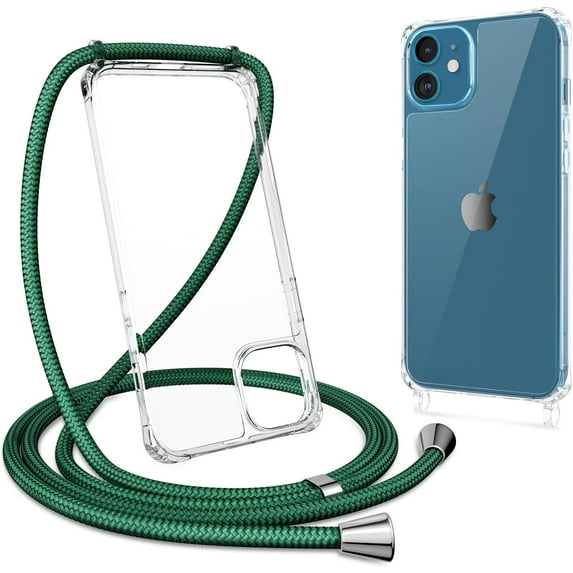 Compatible with iPhone 12/iPhone 12 Pro,Clear Case with Adjustable Lanyard,Soft Slim TPU Shockproof Protective Crossbody Case for iPhone 12/12 Pro,6.1 inch-Dark Green