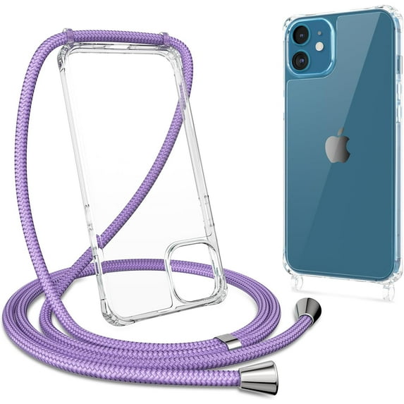 Compatible with iPhone 12/iPhone 12 Pro,Clear Case with Adjustable Lanyard,Soft Slim TPU Shockproof Protective Crossbody Case for iPhone 12/12 Pro,6.1 inch-Purple