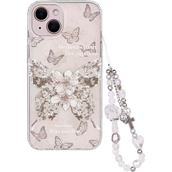 Compatible with iPhone 13/14 Case Cute Butterfly Floral Rose Pattern Pink Flower Stylish Aesthetic Design for Women Girls Soft TPU Bumper Protective Phone Case +Chain