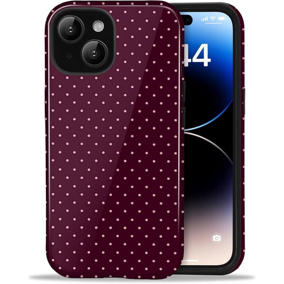 Compatible with iPhone 13/14 Case Cute Polka Dot Aesthetic Retro Design for Women Girls F Simple Chic Girly Pretty Dual Layer Hybrid Protection Elegant Case, Burgundy