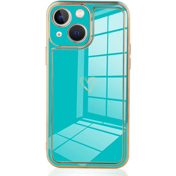 Compatible iPhone 13 6.1" 2021 Green Case, Luxury Plating Love Heart Women's Soft TPU Shockproof Camera Case for iPhone 13 case