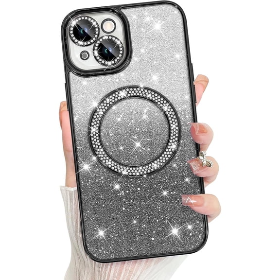 Compatible with iPhone 13 6.1 Inch Case Support for MagSafe, Plating Diamond Glitter Magnetic Case 2* Screen Protector Camera Protection Back Cover for iPhone 13 Case -Black