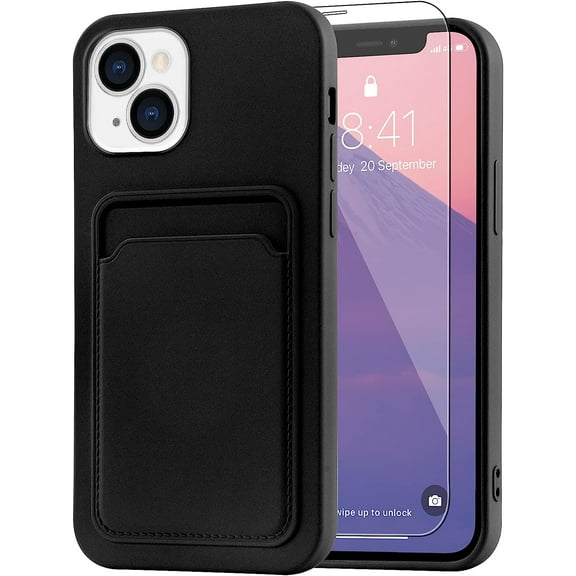 Compatible with iPhone 13 (6.1 inch) Case, Card Holder Camera Protection Cover for iPhone 13 + Screen Protector, Card Slot for iPhone 13 Phone Case -Black