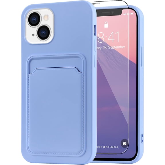 Compatible with iPhone 13 (6.1 inch) Case, Card Holder Camera Protection Cover for iPhone 13 + Screen Protector, Card Slot for iPhone 13 Phone Case -Purple