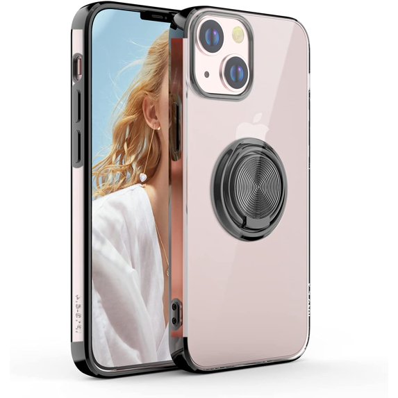 Compatible with iPhone 13 6.1 inch Case, Ultra Slim Soft TPU Cover Built-in Rotatable Ring Kickstand Fit Magnetic Car Mount for iPhone 13 6.1 inch, Black