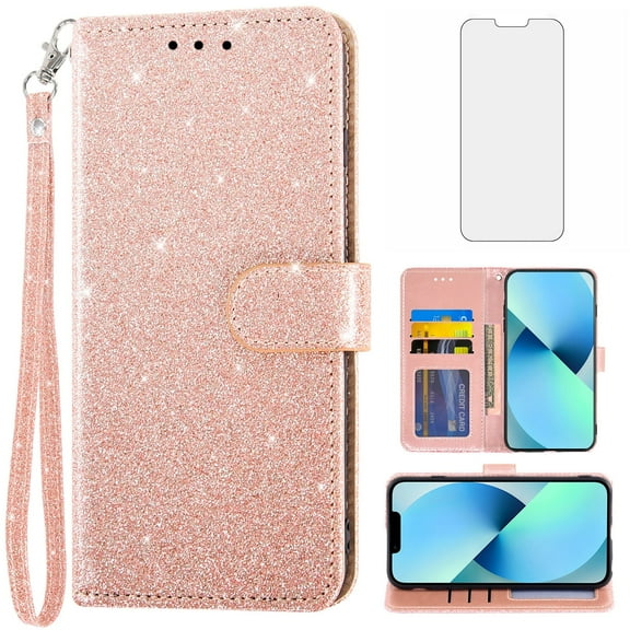 Compatible with iPhone 13 6.1 inch Wallet Phone Case and Tempered Glass Screen Protector Flip Credit Card Holder Stand Bling Glitter Cell Cover for iPhone13 5G i i-Phone i13 iPhone13case Women Pink