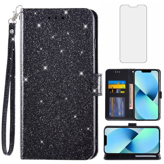 Compatible with iPhone 13 6.1 inch Wallet Phone Case and Tempered Glass Screen Protector Flip Credit Card Holder Stand Bling Glitter Cell Cover for iPhone13 5G i i-Phone i13 iPhone13case Women Black