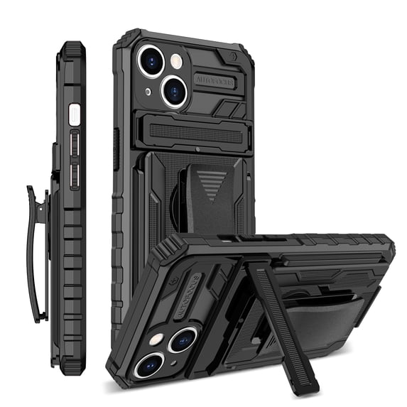 Compatible with iPhone 13 Back Case, 360 Rotating Removable Belt Clip & Hidden Kickstand & Hard PC + Soft TPU & Anti-fall & Shock Absorption Phone Case for iPhone 13, Black
