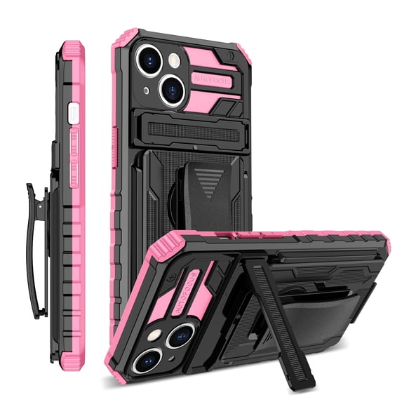 Compatible with iPhone 13 Back Case, 360 Rotating Removable Belt Clip & Hidden Kickstand & Hard PC + Soft TPU & Anti-fall & Shock Absorption Phone Case for iPhone 13, Pink