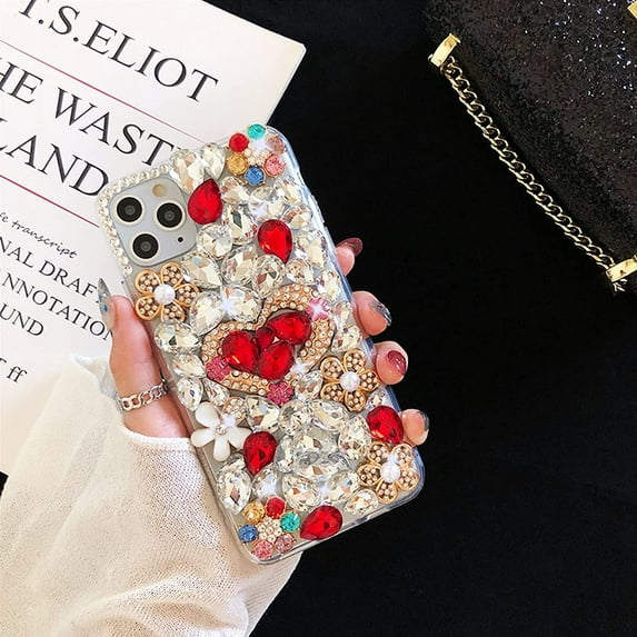 Compatible with iPhone 13 Bling Case Women Girls Cute 3D Luxury Sparkle Glitter Diamond Crystal Rhinestone Handmade Flowers Heart Soft Clear Protective Cover Case, 6.1 Inch, Red