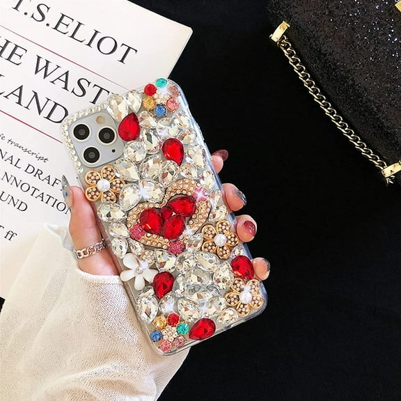 Compatible with iPhone 13 Bling Case Women Girls Cute 3D Luxury Sparkle Glitter Diamond Crystal Rhinestone Handmade Flowers Heart Soft Clear Protective Cover Case, 6.1 Inch, Red