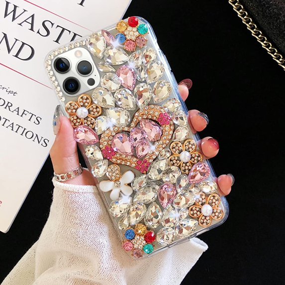 Compatible with iPhone 13 Bling Case Women Girls Cute 3D Luxury Sparkle Glitter Diamond Crystal Rhinestone Handmade Flowers Heart Soft Clear Protective Cover Case, 6.1 Inch, Pink